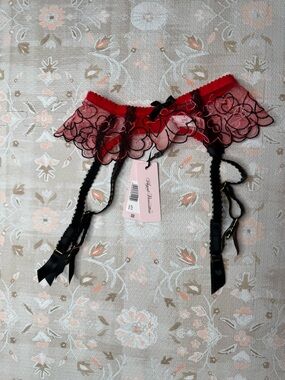 Agent Provocateur Red and Black Floral Lace Suspender Garter Belt